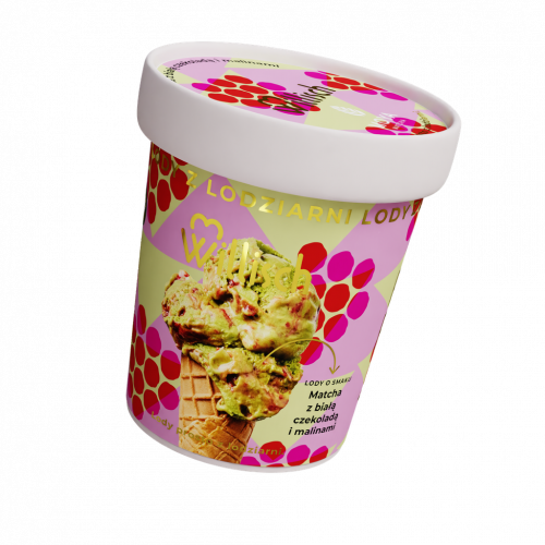 Lody o smaku Matcha z białą czekoladą i malinami