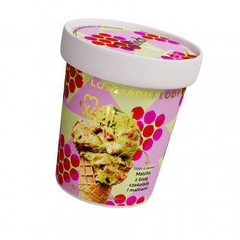 Lody o smaku Matcha z białą czekoladą i malinami